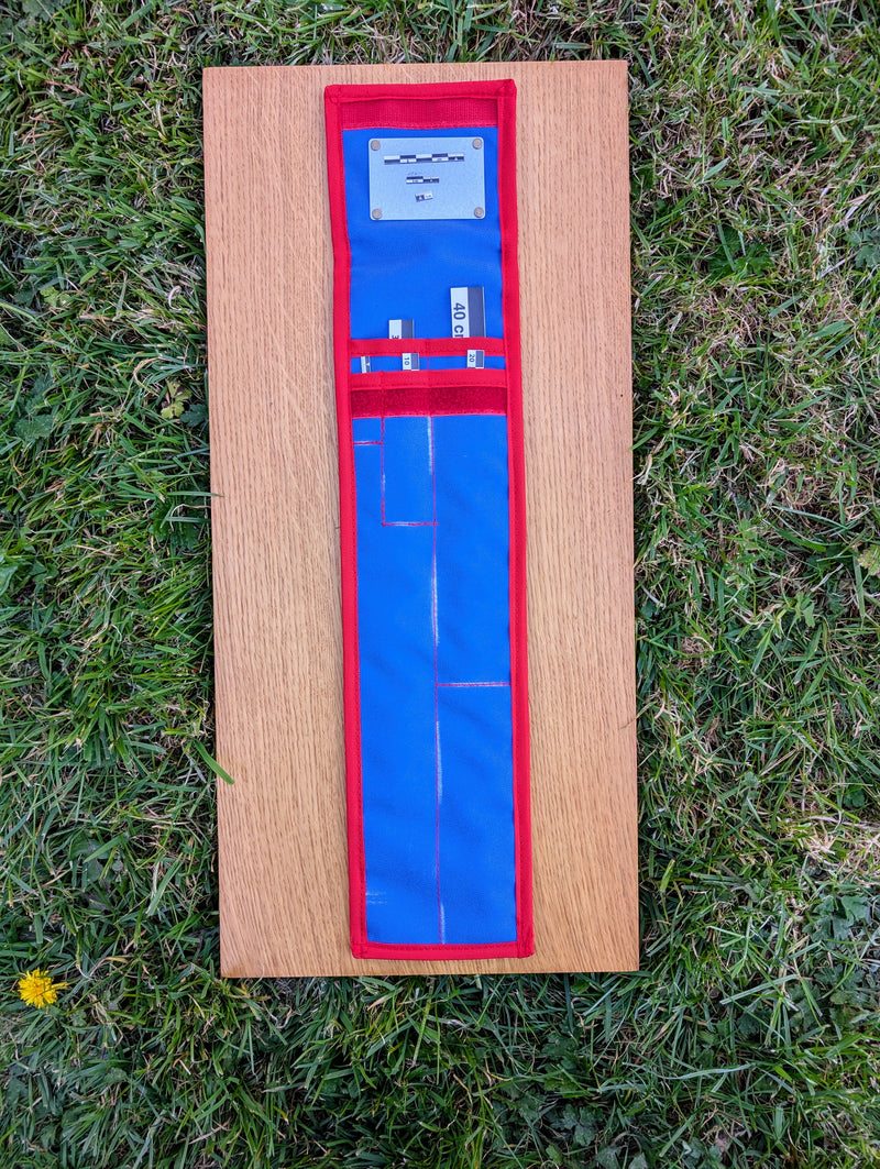Load image into Gallery viewer, CAMA 40 cm black and white archaeological photo scale kit in open blue and red fabric case on wood