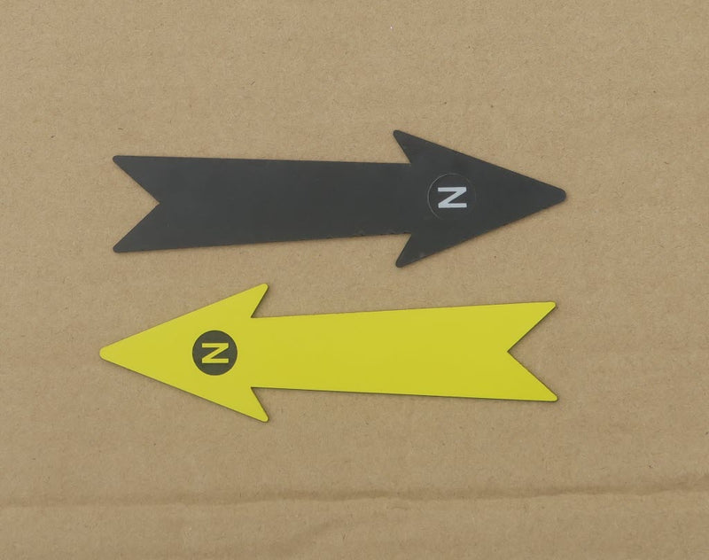 Load image into Gallery viewer, 13 cm black and yellow archaeological north arrows with N markers on a cardboard background