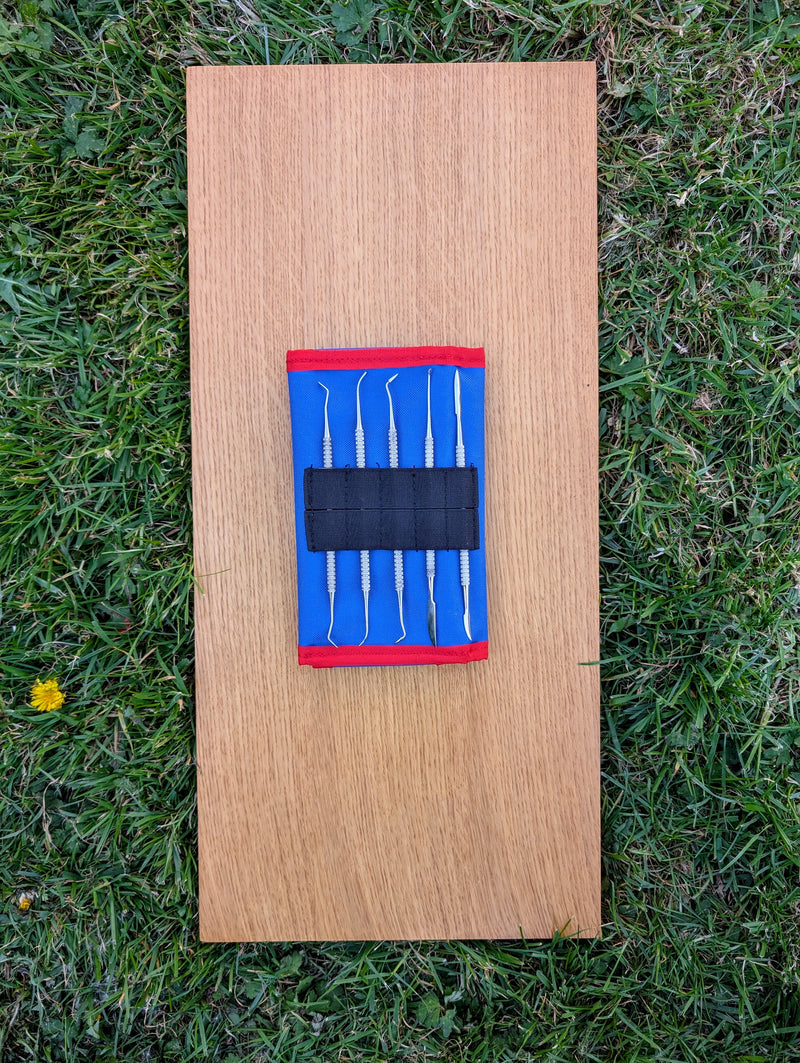 Load image into Gallery viewer, Five stainless steel dental probes organized in an open blue and red STRATI case on wood over grass