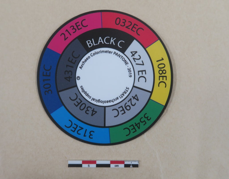 Chargez l'image dans la visionneuse de la galerie, Medium circular Strati SCD colorimeter disk with multicolor and greyscale Pantone segments on beige background