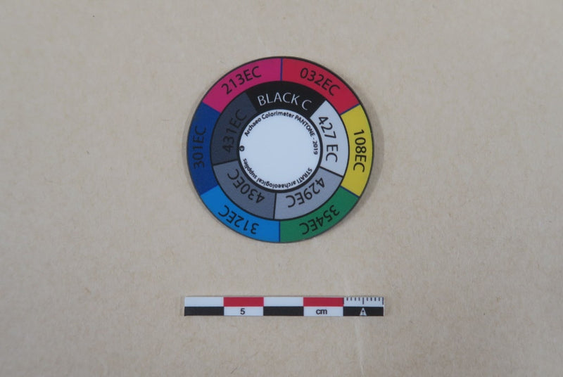 Load image into Gallery viewer, Small circular Strati SCD colorimeter disk with multicolor and greyscale Pantone segments on beige background