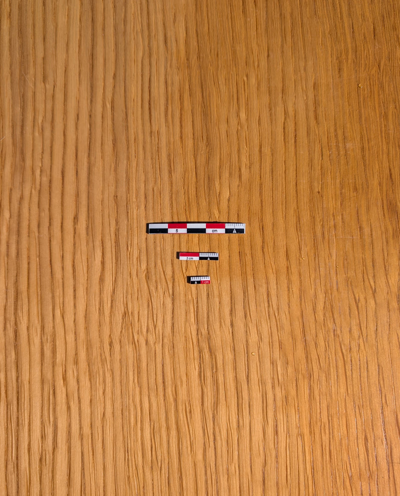 Load image into Gallery viewer, Three magnetic photo scales (1cm, 2cm, 5cm) in red-white-black arranged vertically on a wood surface. Flexible magnet material with printed scale.