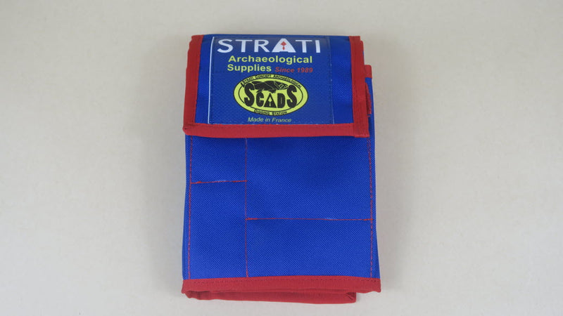 Load image into Gallery viewer, Closed blue and red Strati SCADS three-section archaeological tool case on light gray background