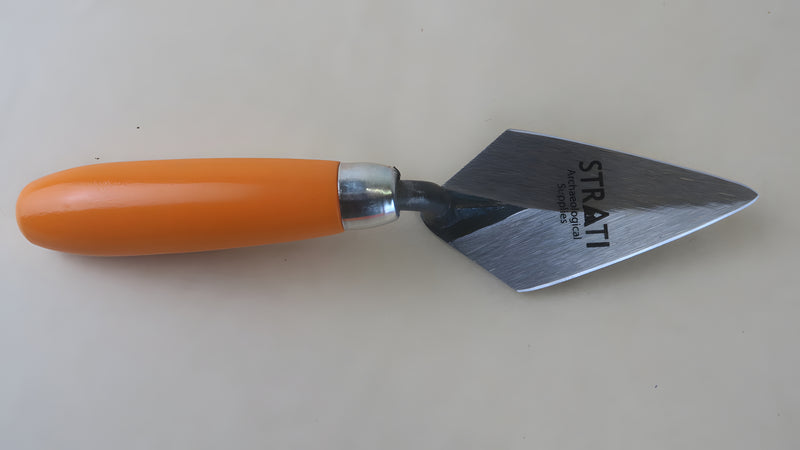 Load image into Gallery viewer, Strati Pi2 11 cm forged steel archaeological trowel with orange handle, top view on white background