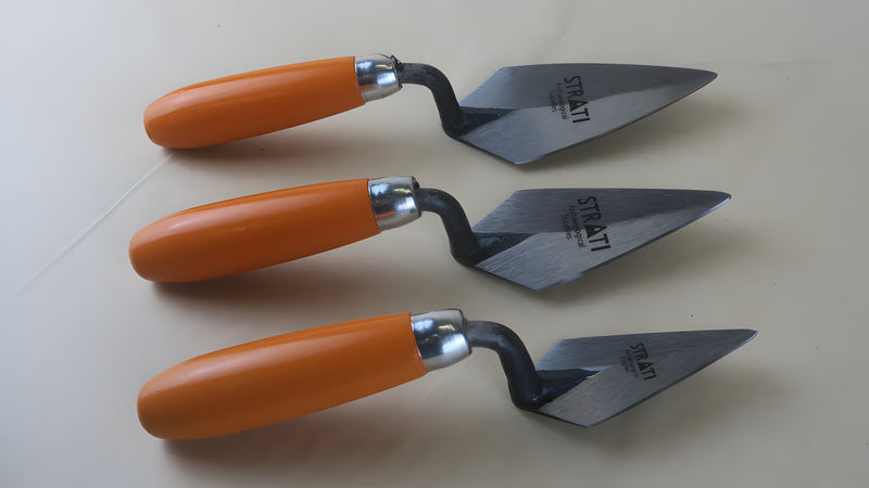 Load image into Gallery viewer, Three Strati Pi2 forged archaeological trowels with orange handles and pointed steel blades on white background