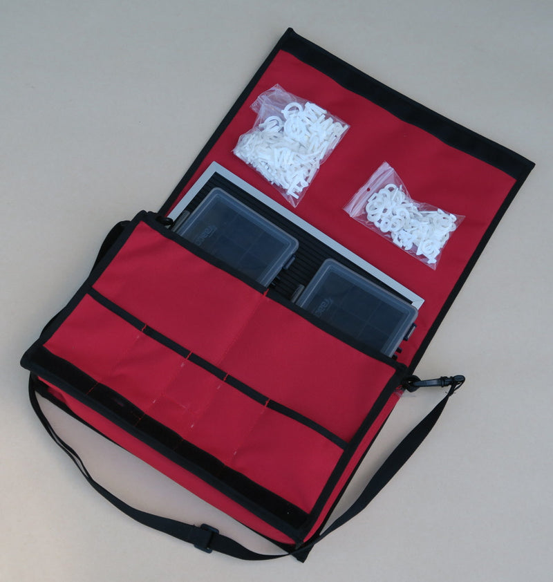 Load image into Gallery viewer, Open large size STANDARD archaeological letter board kit in red and black case with letters and sorting boxes on beige background