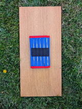 Five stainless steel dental probes organized in an open blue and red STRATI case on wood over grass