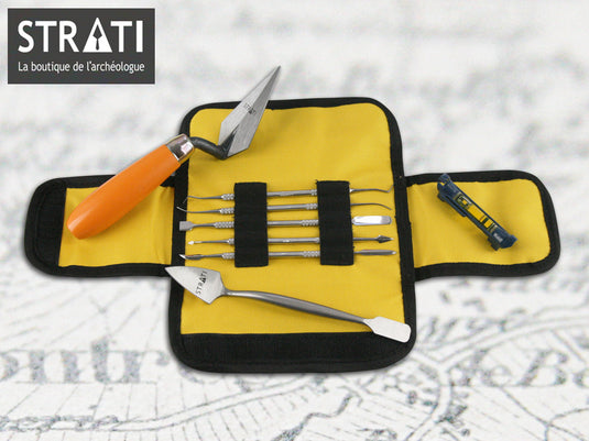 STRATI standard archaeology tool kit with trowel, metal precision tools and mini level in yellow roll case on map background