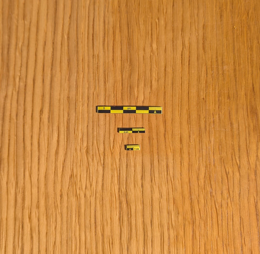 Three magnetic photo scales (5cm, 2cm, 1cm) in black-yellow on wood surface. Flexible magnet material. For lab and field use.