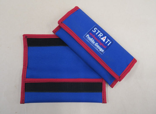 Blue rectangular fabric case for 15 cm profile gauge with red trim on white background
