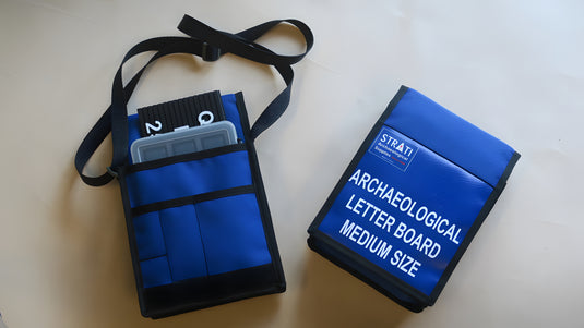 Small STANDARD archaeological letter board set in blue Strati carrying bags with white letters, numbers and field markers
