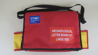 Chargez l'image dans la visionneuse de la galerie, Red large size STANDARD archaeological letter board kit bag with black strap, yellow panels and STRATI logo on white background
