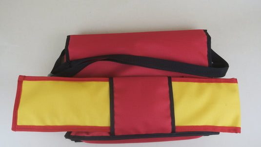 Large size reinforced letter board set with red yellow and black roll-up fabric carrying cases on white background