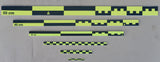 Six black-yellow flat photo scales from 50cm to 5cm on gray background. High-visibility set for low-light conditions.